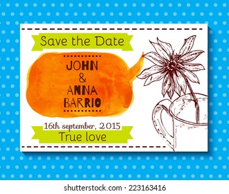 Wedding invitation, save the date cards with a sketch flower Jerusalem artichoke and orange watercolor speaking bubble.