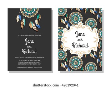 Wedding invitation, save the date cards. Colorful vector illustration of dreamcatchers with classic frame on dark background. Ethnic style wedding stationery