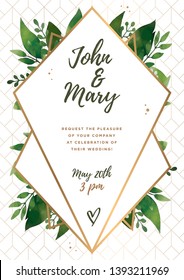 Wedding invitation, save the date, delicate  design, leaves, floral & golden foil stripes, geometrical decoration. Elegant, lovely, luxury vector template