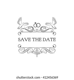 Wedding invitation. Save the date. Dove, pigeon victor illustration. filigree divider vintage frame.