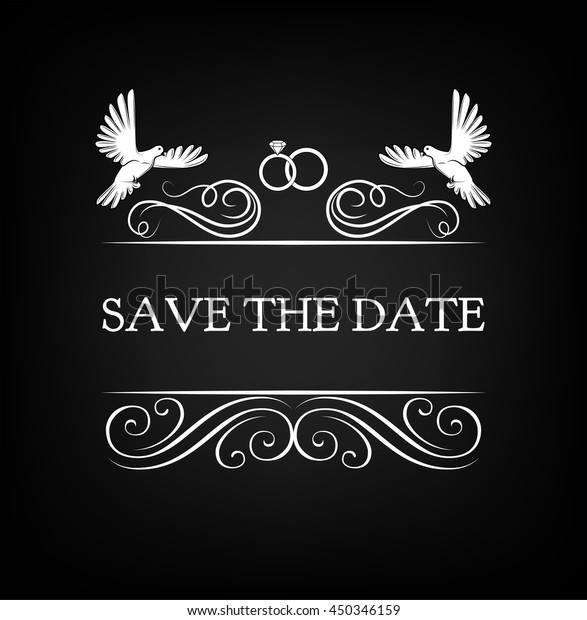 Wedding invitation. Save the date. Dove,\
pigeon, rings. Vector\
illustration.
