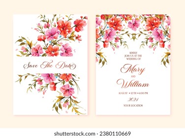 Wedding invitation and Save The Date floral cards design with vintage watercolor flowers and gold calligraphy