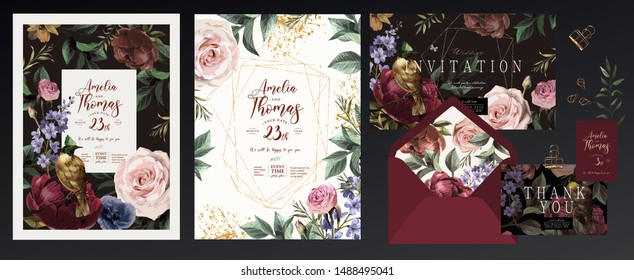 Wedding invitation, save the date or flyer\card for any event and party. Original floral greeting with flowers, plants, leaves and a bird of paradise of happiness
