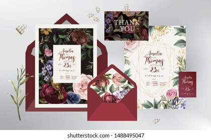 Wedding invitation, save the date or flyer\card for any event and party. Original floral greeting with flowers, plants, leaves and a bird of paradise of happiness
