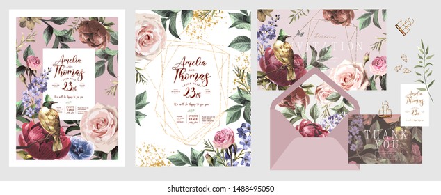 Wedding invitation, save the date or flyer\card for any event and party. Original floral greeting with flowers, plants, leaves and a bird of paradise of happiness
 
 - Shutterstock ID 1488495050