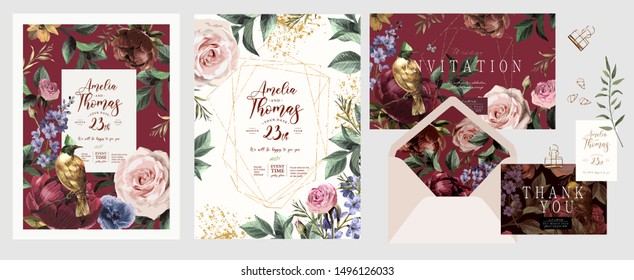 Wedding invitation, save the date or flyer\card for any event and party. Original floral greeting with flowers, plants, leaves and a bird of paradise of happiness
