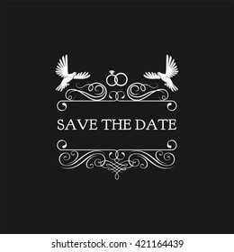 Wedding invitation. Save the date. pigeon, dove, ring. Filigree divider ornate frame. Vector illustration on white background.