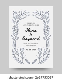 Wedding invitation save the date poster with hand drawn floral illustration. floral frame. Perfect for card, poster, flyer