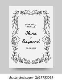 Wedding invitation save the date poster with hand drawn floral illustration. floral frame. Perfect for card, poster, flyer