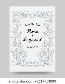 Wedding invitation save the date poster with hand drawn floral illustration. floral frame. Perfect for card, poster, flyer