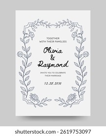 Wedding invitation save the date poster with hand drawn floral illustration. floral frame. Perfect for card, poster, flyer