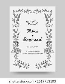Wedding invitation save the date poster with hand drawn floral illustration. floral frame. Perfect for card, poster, flyer
