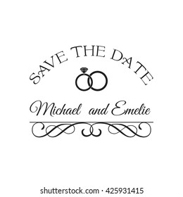 Wedding invitation. Save the date. Wedding rings. Just Married. Filigree ornate divider frame element. Vintage vector illustration.