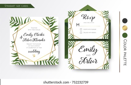 Wedding Invitation, save the date, rsvp invite card Design with green tropical forest palm tree leaves, forest  greenery simple, geometric golden border hexagonal foil print. Vector floral copy space 