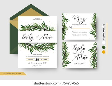 Wedding Invitation save the date, rsvp invite card Design: Pine spruce tree greenery branches Eucalyptus Green leaf & berry wreath, border, print & golden glitter. Vector floral celebration templates