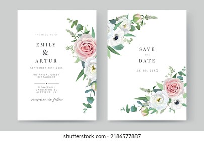 Wedding invitation, save the date set. Watercolor floral editable templates. Elegant garden blush pink roses, white anemone flowers and green seeded eucalyptus branches. Hand drawn vector illustration