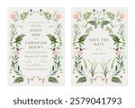 wedding invitation and save the date template set of whimsical floral motif with a variety of flowers and leaves arranged in a circular frame on a brown background, adding a fairytale-like atmosphere