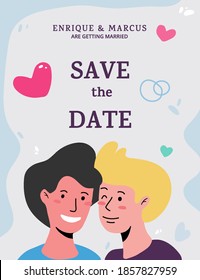 Wedding invitation. Save the date. Template for invitation. Please rsvp. Wedding of two men. Vector graphics with abstract elements and hearts.Two happy men are standing. 