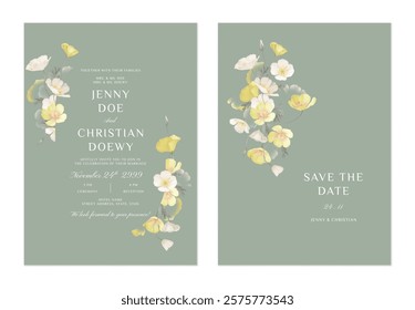 wedding invitation and save the date template set of delicate white and yellow California Poppy flowers on a soft sage green background, adding a calming and sophisticated atmosphere