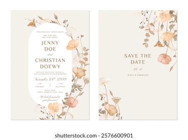 wedding invitation and save the date template set of delicate muted tones of peach, cream, and brown of flowers and foliage on a soft cream background, adding a natural and earthy aesthetic