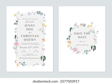 wedding invitation and save the date template set of whimsical floral wreath motif on a white background, adding a sense of romance and whimsy