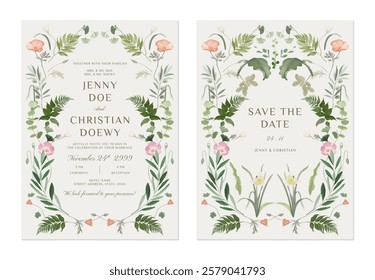 wedding invitation and save the date template set of whimsical floral motif with a variety of flowers and leaves arranged in a circular frame on a brown background, adding a fairytale-like atmosphere