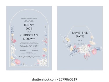 wedding invitation and save the date template set of whimsical floral motif with a variety of flowers and leaves arranged in a circular frame on a soft blue background, adding a fairytale-like atmosph