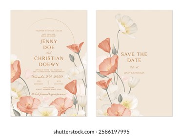 wedding invitation and save the date template set of delicate white and orange California Poppy flowers on a soft peach background, adding a warm and inviting atmosphere