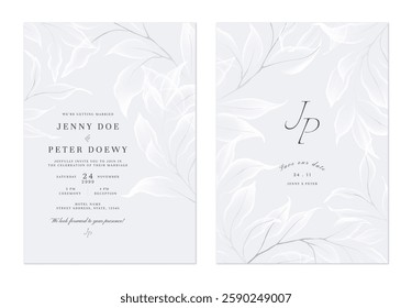 Wedding invitation and save the date template set of delicate, translucent white leaves on a soft grey background. The style is classic, romantic, and understated