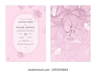 Wedding invitation and save the date template set of delicate, translucent magnolia flowers on a soft pink background. The style is modern, romantic, and understated