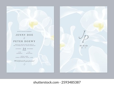 Wedding invitation and save the date template set of delicate, translucent Phalaenopsis orchid on a soft blue background. The style is modern, romantic, and understated