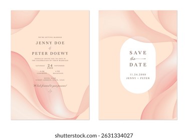 Wedding invitation and save the date template set of flowing and translucent waves in shades of pale pink on a peach background. The style is modern and elegant aesthetic