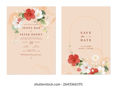 Wedding invitation and save the date template set of white and red flowers with green foliage and subtle watercolor splotches on a soft peach background
