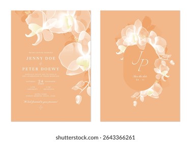 Wedding invitation and save the date template set of delicate, translucent white Phalaenopsis orchid on a peachy-orange background. The style is modern, romantic, and inviting