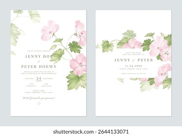 Convite de casamento e salvar o conjunto de modelo de data de elegante rosa Geranium Mavis Simpson flores e folhas em um fundo branco sólido
