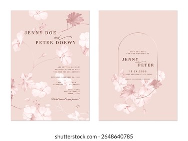 Convite de casamento e salvar o conjunto de modelo de data de elegante monocromático rosa Geranium Mavis Simpson flores e folhas em um fundo rosa quente suave