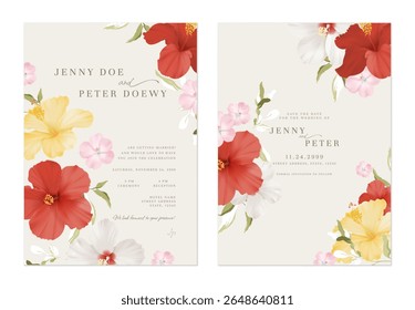 Convite de casamento e salvar o conjunto de modelo de data de colorido Hibiscus e Geranium Mavis Simpson flores e folhas em um fundo marrom macio