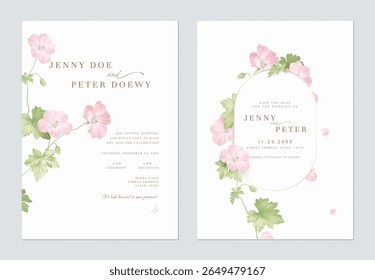 Wedding invitation and save the date template set of elegant pink Geranium Mavis Simpson flowers and leaves on a solid cream background