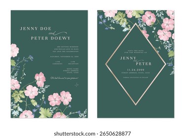 Convite de casamento e salvar o conjunto de modelos de data de elegantes flores Geranium Mavis Simpson e flores silvestres em um fundo verde escuro