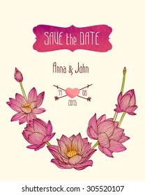 Wedding invitation "save the date" template with pink lotus flowers. Wedding, marriage.