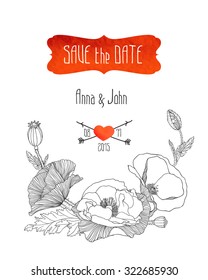 Wedding invitation "save the date" template with linear poppies. 