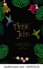 Wedding Invitation Save the Date Template Card Hand Drawn Vintage Lettering. Floral Tropical Exotic Palm Monstera Leaves. Hibiscus Flowers golden embroidery holiday summer party background. Vector art