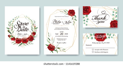 Wedding Invitation, save the date, thank you, rsvp card Design template. Vector. Summer flower, red rose, silver dollar, olive leaves, Wax flower.