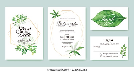 Wedding Invitation, save the date, thank you, rsvp card Design template. Silver dollar, olive leaves. leaf. Vector. 