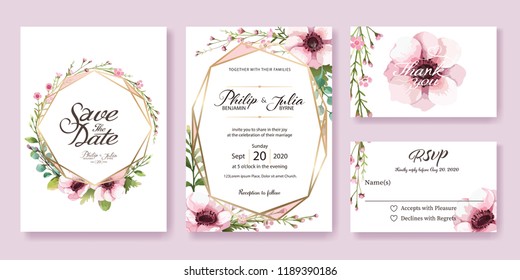 Wedding Invitation, save the date, thank you, rsvp card Design template. Vector. Anemone flower, silver dollar, leaves, Wax flower. Watercolor styles.