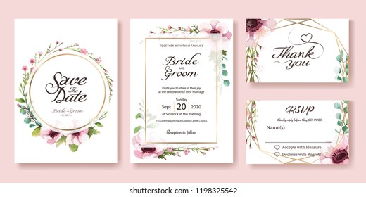 Wedding Invitation, save the date, thank you, rsvp card Design template. Vector. Anemone flower, silver dollar, leaves, Wax flower. Watercolor styles.