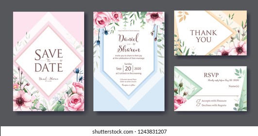 Wedding Invitation, save the date, thank you, rsvp card Design template. Vector. Queen of sweden rose flower, leaves, Anemone plants. vector.