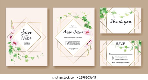 Wedding Invitation, save the date, thank you, rsvp card Design template. Vector. Greenery Ivy,  Pink Lisianthus flower.
