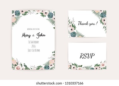 Wedding Invitation, save the date, thank you, rsvp card Design template. Vector. Pink rose, olive leaves. Watercolor style.