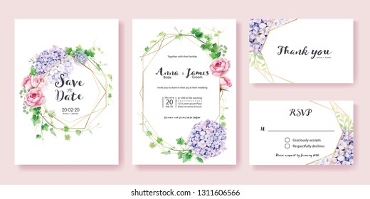 Wedding Invitation, save the date, thank you, rsvp card Design template. Vector. Greenery Ivy,  Pink rose, Hydrangea flower.